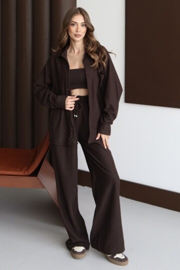 Oversize Düğmeli Cepli Rahat Kesim Dokulu Uzun Kollu Gömlek