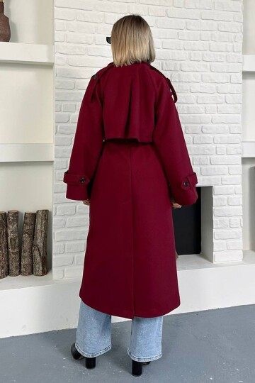 Oversize Kuşaklı Çift Düğmeli Uzun Kaban