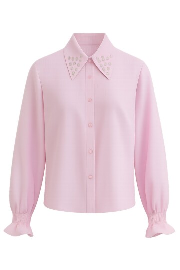 Pembe İnci Ve Taş İşlemeli Aerobin Gömlek