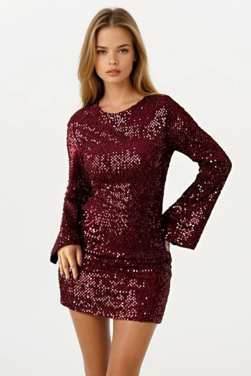 Pul Peyetli Fermuar Kapamalı Mini Elbise