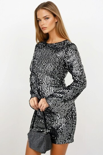 Pul Peyetli Fermuar Kapamalı Mini Elbise