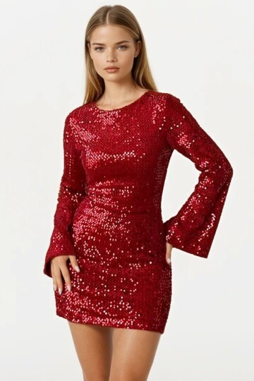 Pul Peyetli Fermuar Kapamalı Mini Elbise