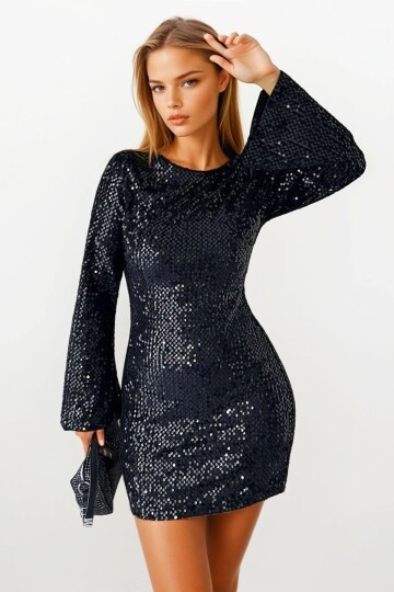 Pul Peyetli Fermuar Kapamalı Mini Elbise