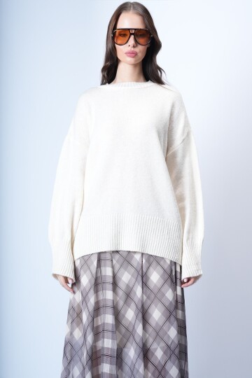 Krem Ribanalı Triko Kazak