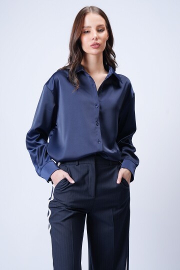 Lacivert Saten Gömlek