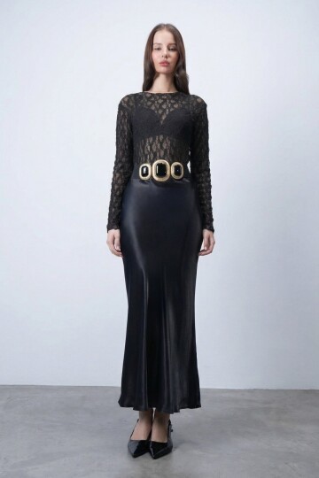 Siyah Saten Maxi Etek