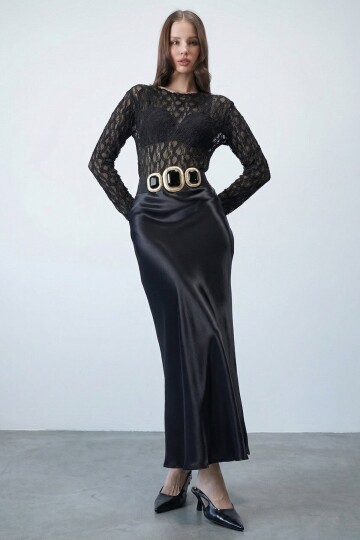 Siyah Saten Maxi Etek