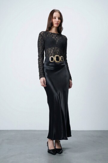 Siyah Saten Maxi Etek