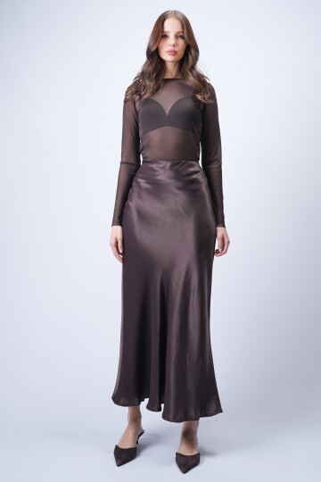 Acı Kahve Saten Maxi Etek