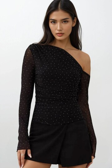 Simli Tek Omuz Drapeli Tül Detaylı Bluz