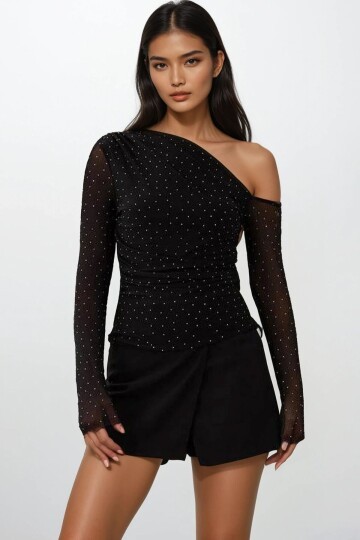 Simli Tek Omuz Drapeli Tül Detaylı Bluz