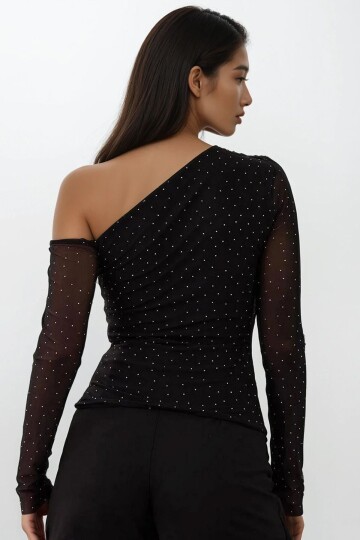 Simli Tek Omuz Drapeli Tül Detaylı Bluz