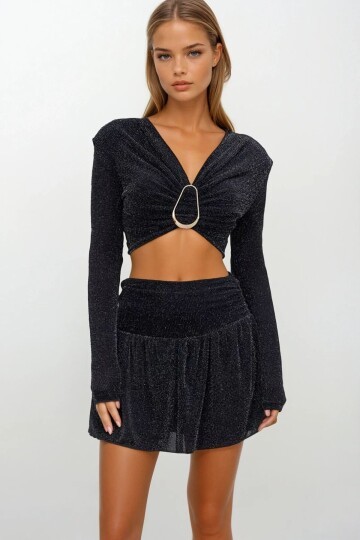 Simli Yüksek Bel Pileli Mini Şort Etek