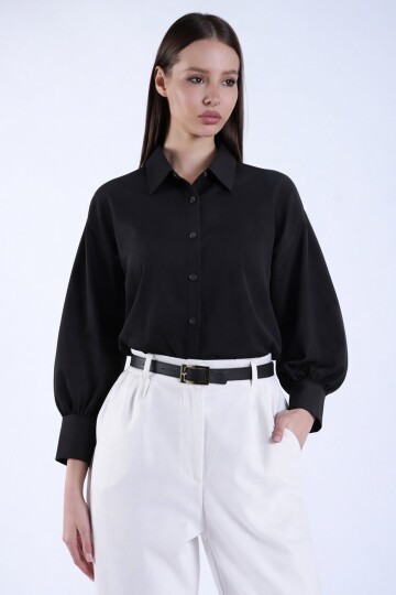 Siyah Balon Kol Gizli Patlı Dokuma Gömlek