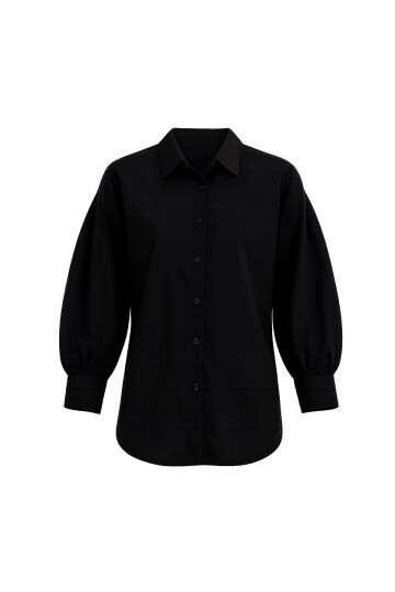 Siyah Balon Kol Gizli Patlı Dokuma Gömlek