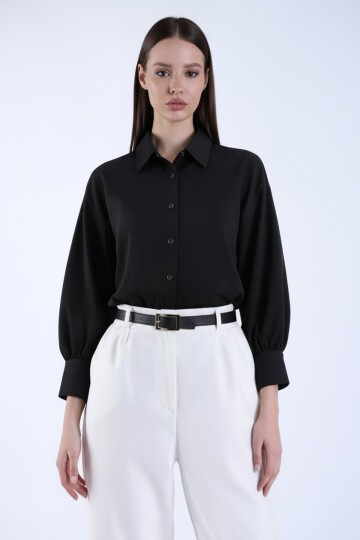 Siyah Balon Kol Gizli Patlı Dokuma Gömlek