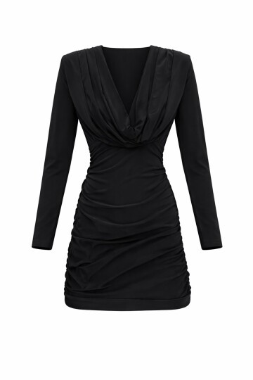 Siyah Büzgülü V Yaka Elbise