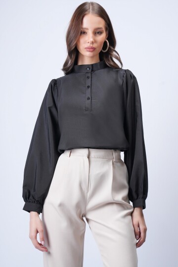 Siyah Hakim Yaka Yarım Pat Balon Kol Poplin Dokuma Gömlek