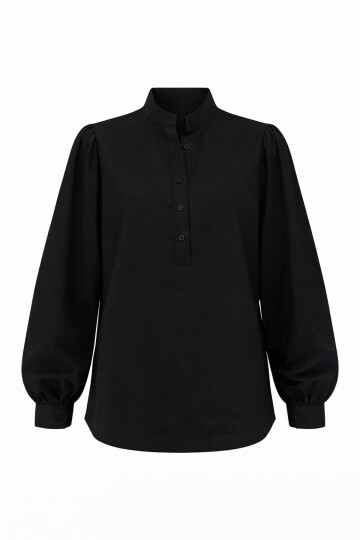 Siyah Hakim Yaka Yarım Pat Balon Kol Poplin Dokuma Gömlek