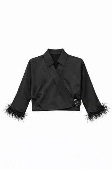 Siyah Kruvaze Püsküllü Bluz