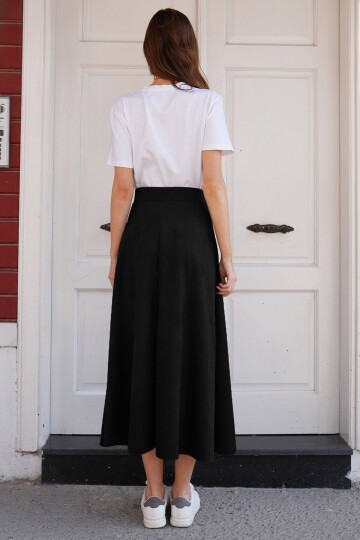 Süet Dokulu Geniş Kesim Midi Etek