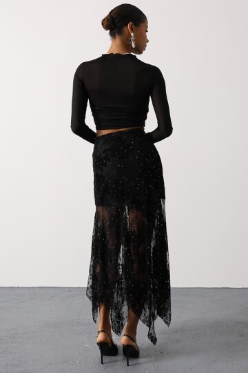 Taş İşlemeli Asimetrik Kesim Dantelli Etek