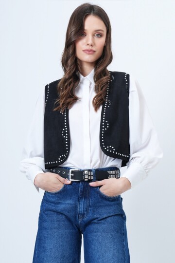 Taş İşlemeli Süet Kısa Yelek