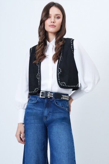 Taş İşlemeli Süet Kısa Yelek