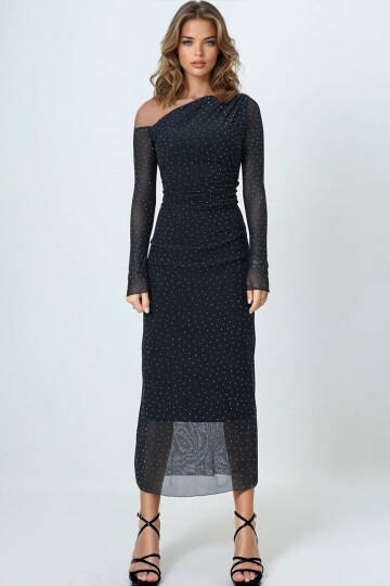 Taş İşlemeli Tek Omuz Drapeli Maxi Boy Elbise