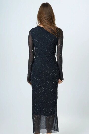 Taş İşlemeli Tek Omuz Drapeli Maxi Boy Elbise