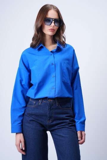 Mavi Tek Cepli Oversize Gömlek