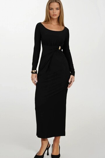 Toka Detaylı Drapeli Midi Boy Elbise