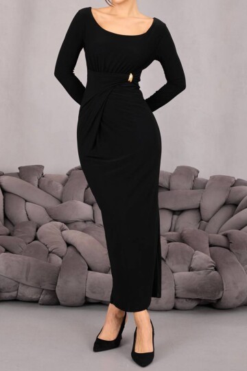 Toka Detaylı Drapeli Midi Boy Elbise