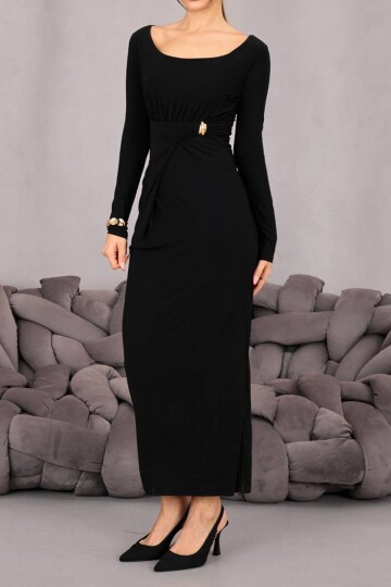 Toka Detaylı Drapeli Midi Boy Elbise