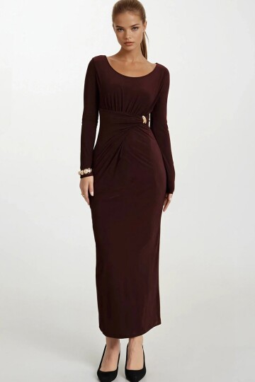 Toka Detaylı Drapeli Midi Boy Elbise