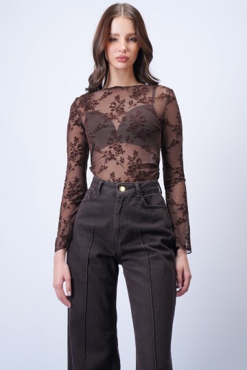 Kahverengi Transparan İşlemeli Bluz
