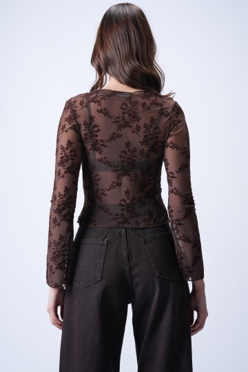 Kahverengi Transparan İşlemeli Bluz