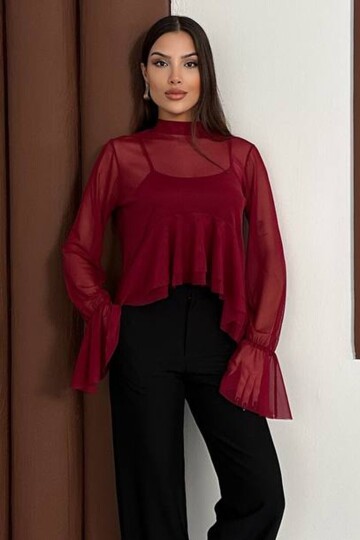 Transparan Şifon Volan Kol Bluz Ve Askılı Atlet İkili Takım