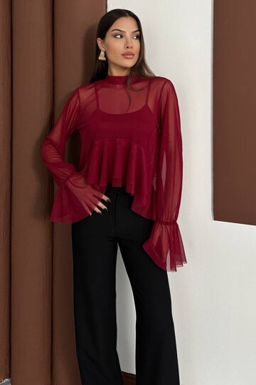 Transparan Şifon Volan Kol Bluz Ve Askılı Atlet İkili Takım