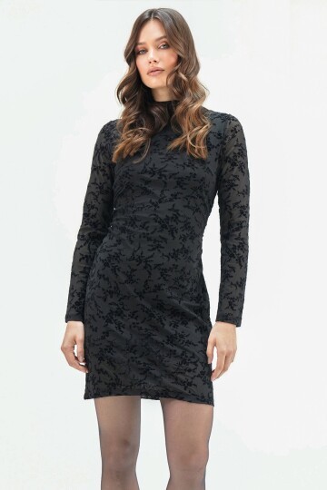 Tül Detaylı Dik Yaka Kadife Mini Elbise