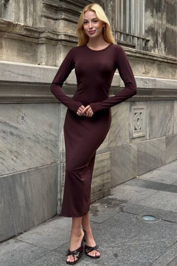 Uzun Kollu Bisiklet Yaka Dar Kesim Elbise