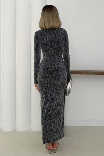 Uzun Kollu V Yaka Dekolteli Drapeli Yırtmaçlı Maxi Elbise