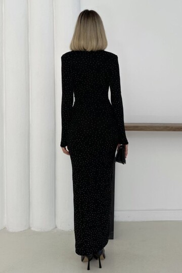 Uzun Kollu V Yaka Dekolteli Drapeli Yırtmaçlı Maxi Elbise