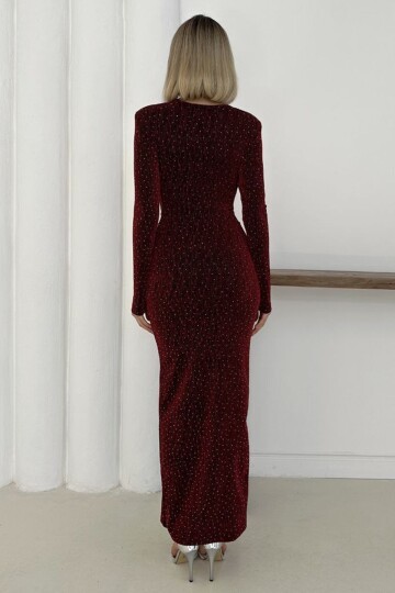 Uzun Kollu V Yaka Dekolteli Drapeli Yırtmaçlı Maxi Elbise