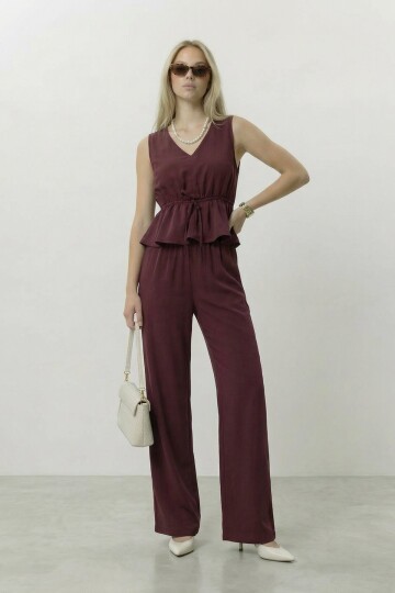 V Yaka Bağlamalı Bluz Ve Pantolon Takım