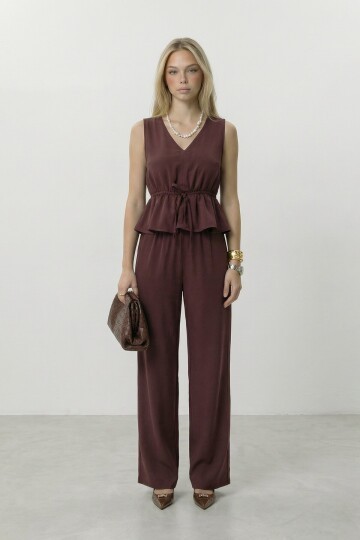 V Yaka Bağlamalı Bluz Ve Pantolon Takım