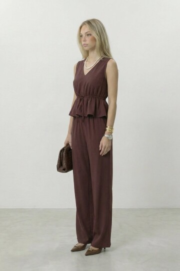 V Yaka Bağlamalı Bluz Ve Pantolon Takım