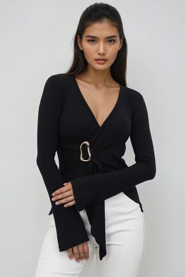 V Yaka Gold Aksesuarlı Ottaban Bluz