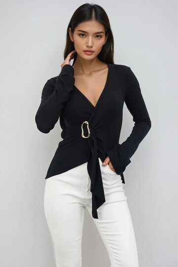 V Yaka Gold Aksesuarlı Ottaban Bluz