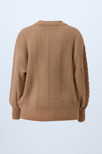 V Yaka Saç Örgü Desenli Balon Kol Triko Hırka